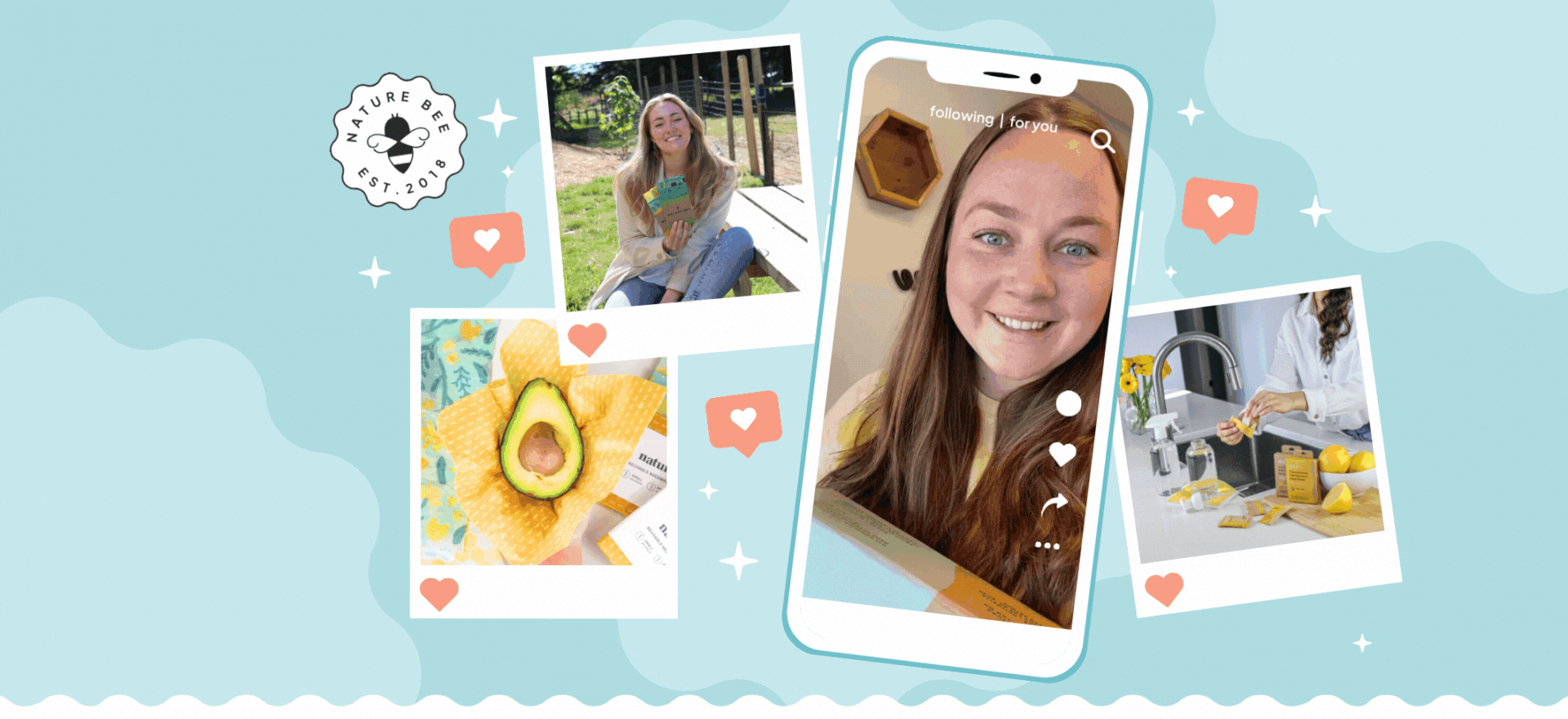 Blue background with iPhone playing different clips from affiliate content ugh creators. the iPhone is surrounded by smaller instagram posts with like hearts around them