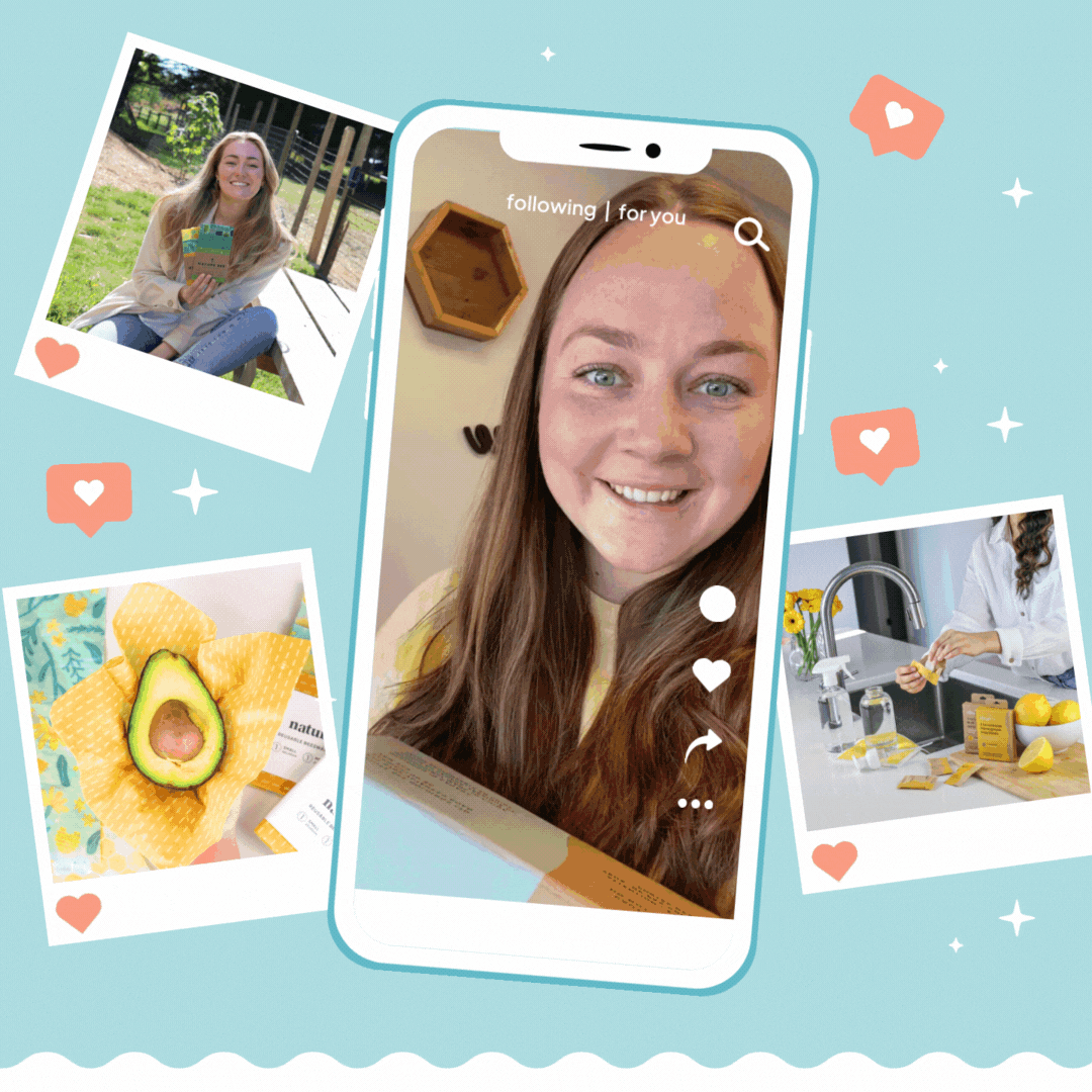 Blue background with iPhone playing different clips from affiliate content ugh creators. the iPhone is surrounded by smaller instagram posts with like hearts around them