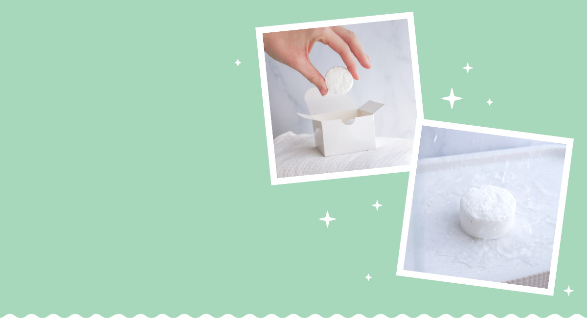 Mint green colour header with two polaroid pictures showing the Best shower steamers made from all natural and clean ingredients. First image shows a shower steamer being pulled out of a gift box - perfect gift idea. second shows how to use shower steamer with shower fizz bomb in the water