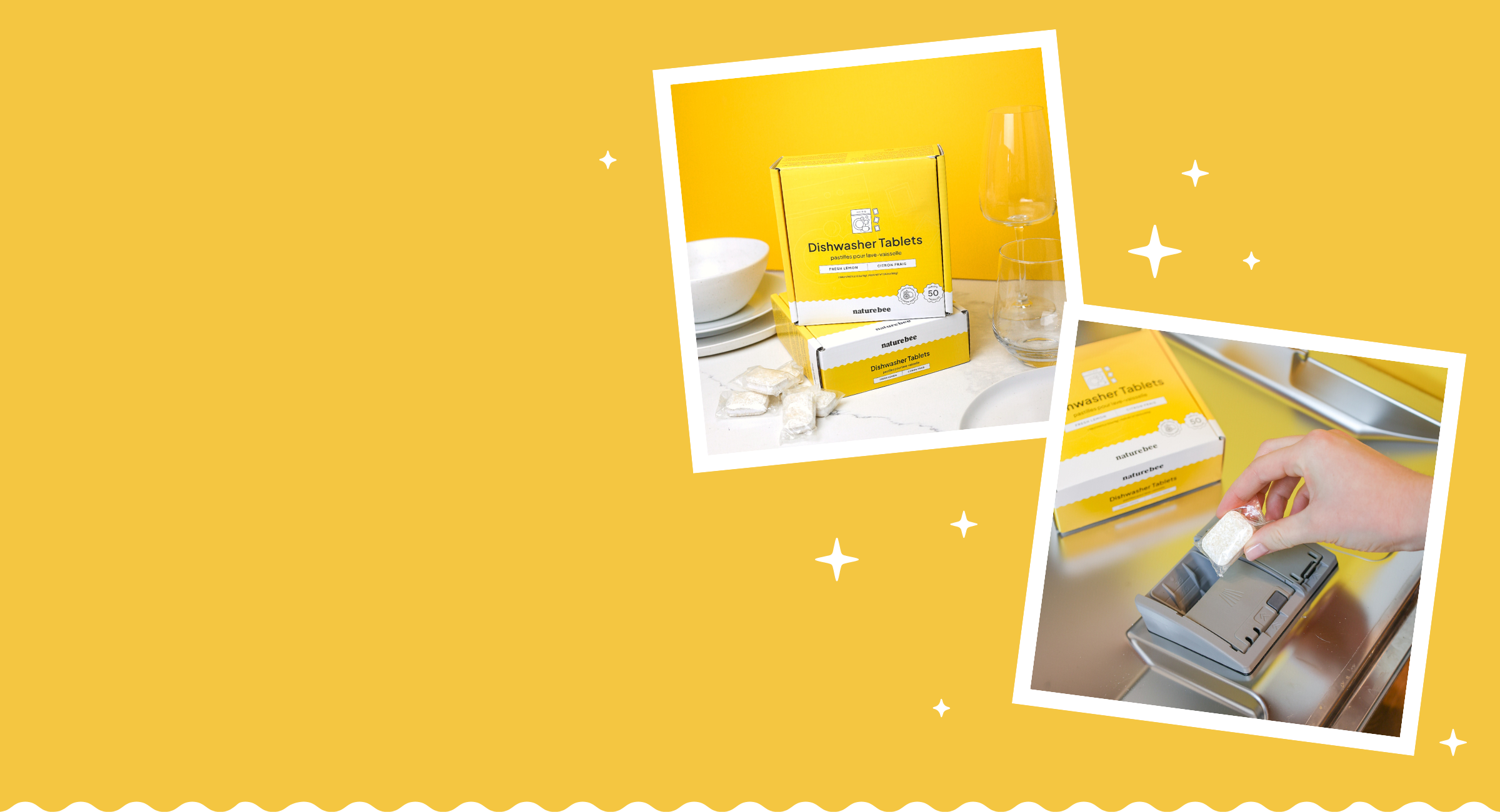 Header with yellow background showing two polaroid images: one of a bright fun yellow box of dishwasher tablets that is surrounded by clean sparkly dishes. The other is showing a tablet being put into the dishwasher.
