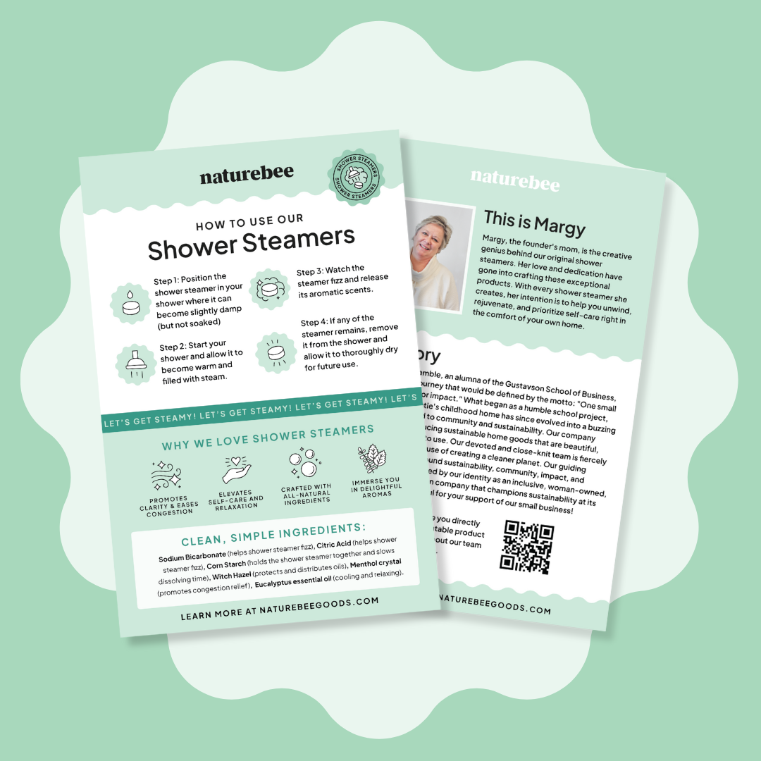 Image shower the front and back of our printable information cards that show everything you need to know about shower steamers