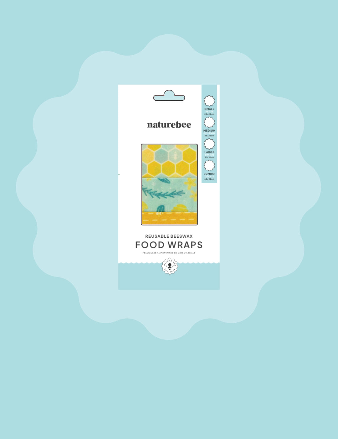 Blue background with a light blue circle with a squiggle border. Inside is a Nature Bee beeswax wrap variety set a reusable alternative to plastic wrap. Wholesale with nature bee and carry their eco friendly items for your retail stores.