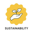 Yellow squiggle border circular icon. Inside is a hand holding a leaf with text below reading sustainability. Nature bee is a woman founded and led Canadian small business specializing in sustainable products such as beeswax wrap, Swedish dishcloths and dissolvable cleaning tablets. 
