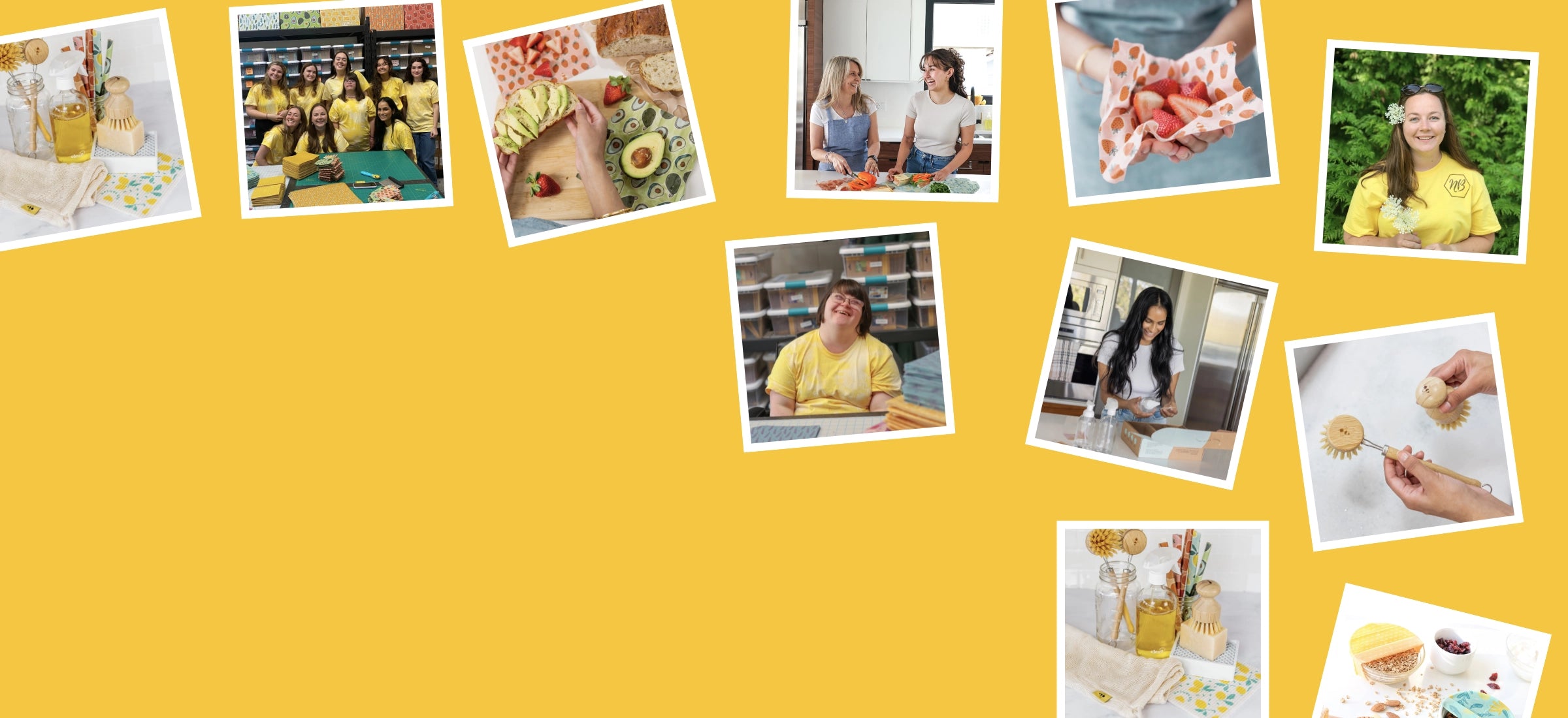 Yellow background with a series of images scattered around the top and right hand side. Images of Nature Bee products including dissolvable cleaning tablets, beeswax wraps and Swedish dishcloths. The nature bee team and products in use are photographed. Join the nature bee hive rewards and referral program to earn points, share with friends and redeem for discounts and free shipping!