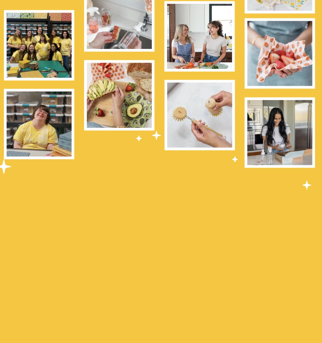 Yellow background with a series of images scattered around the top. Images of Nature Bee products including dissolvable cleaning tablets, beeswax wraps and Swedish dishcloths. The nature bee team and products in use are photographed. Join the nature bee hive rewards and referral program to earn points, share with friends and redeem for discounts and free shipping!