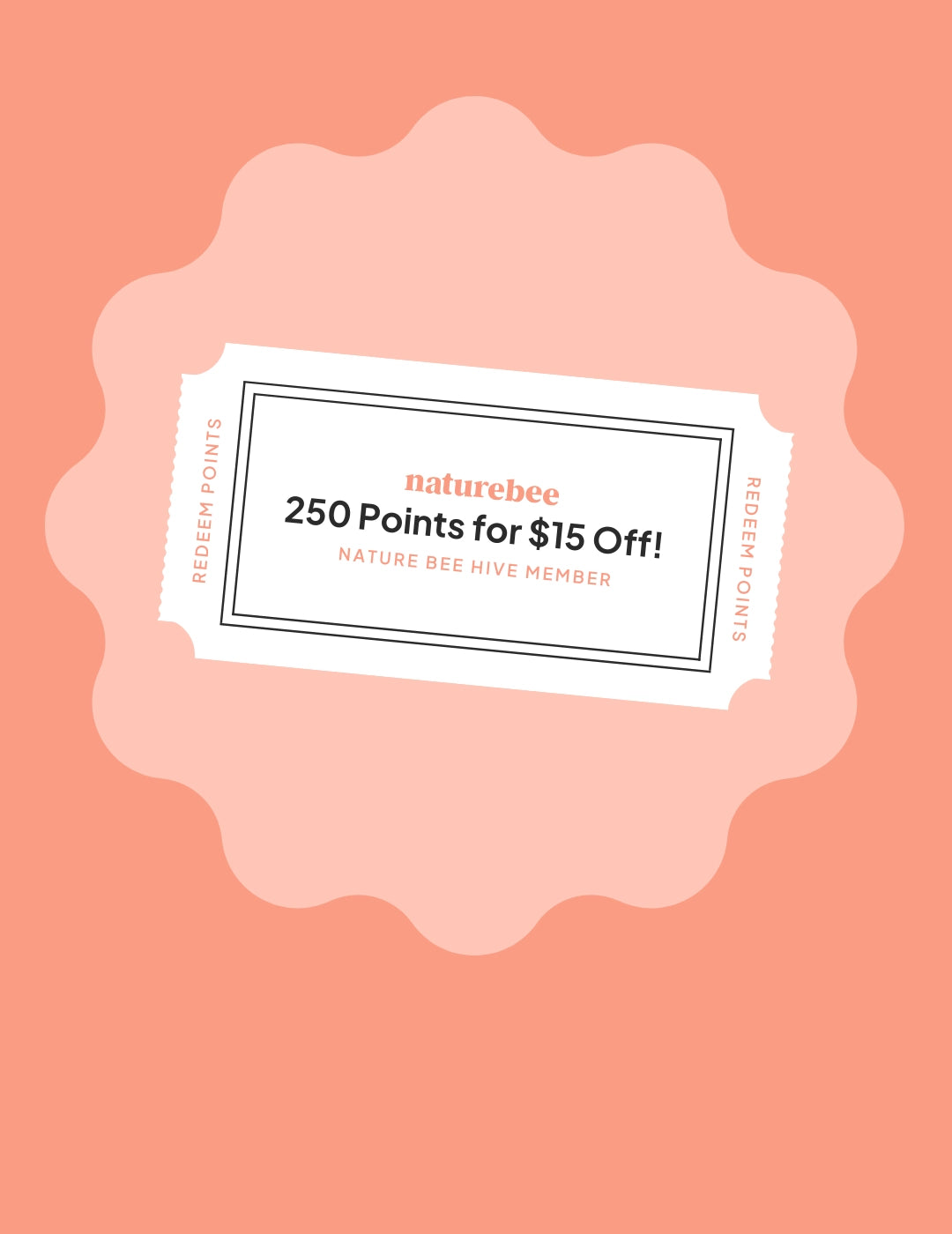 Pink background with a pink yellow icon in the middle. In the image is a ticket for Nature Bee's rewards program to redeem points. Redeem 250 points for $15 off your next order. 