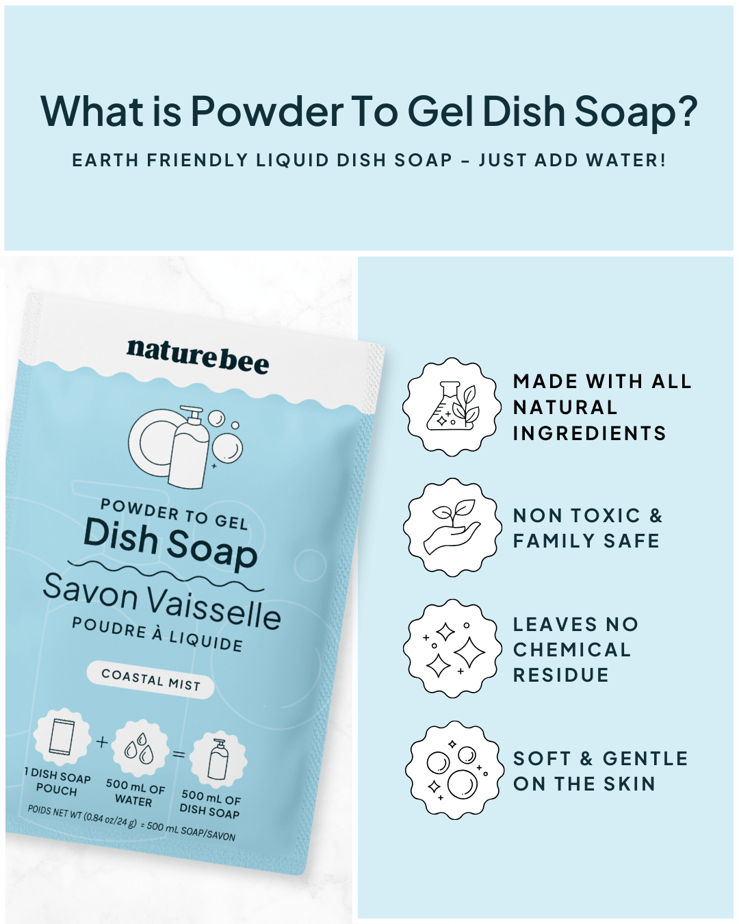 Coastal Mist Dish Soap Refills - Powder to Gel - NATURE BEE