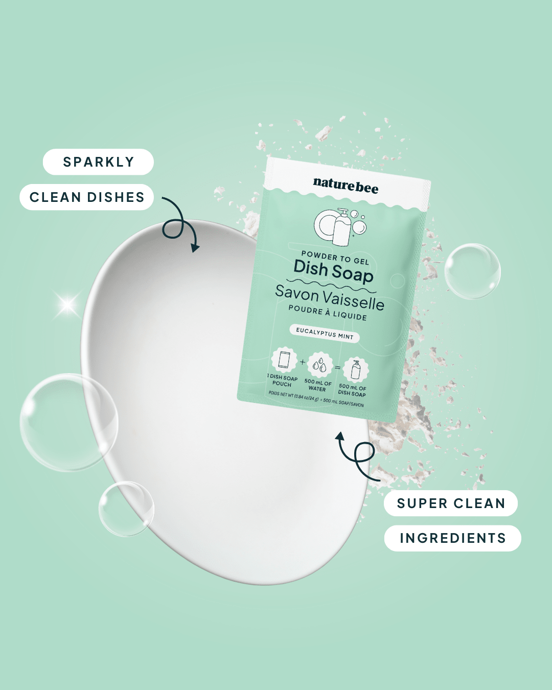 Eucalyptus Mint Dish Soap Refills - Powder to Gel - NATURE BEE