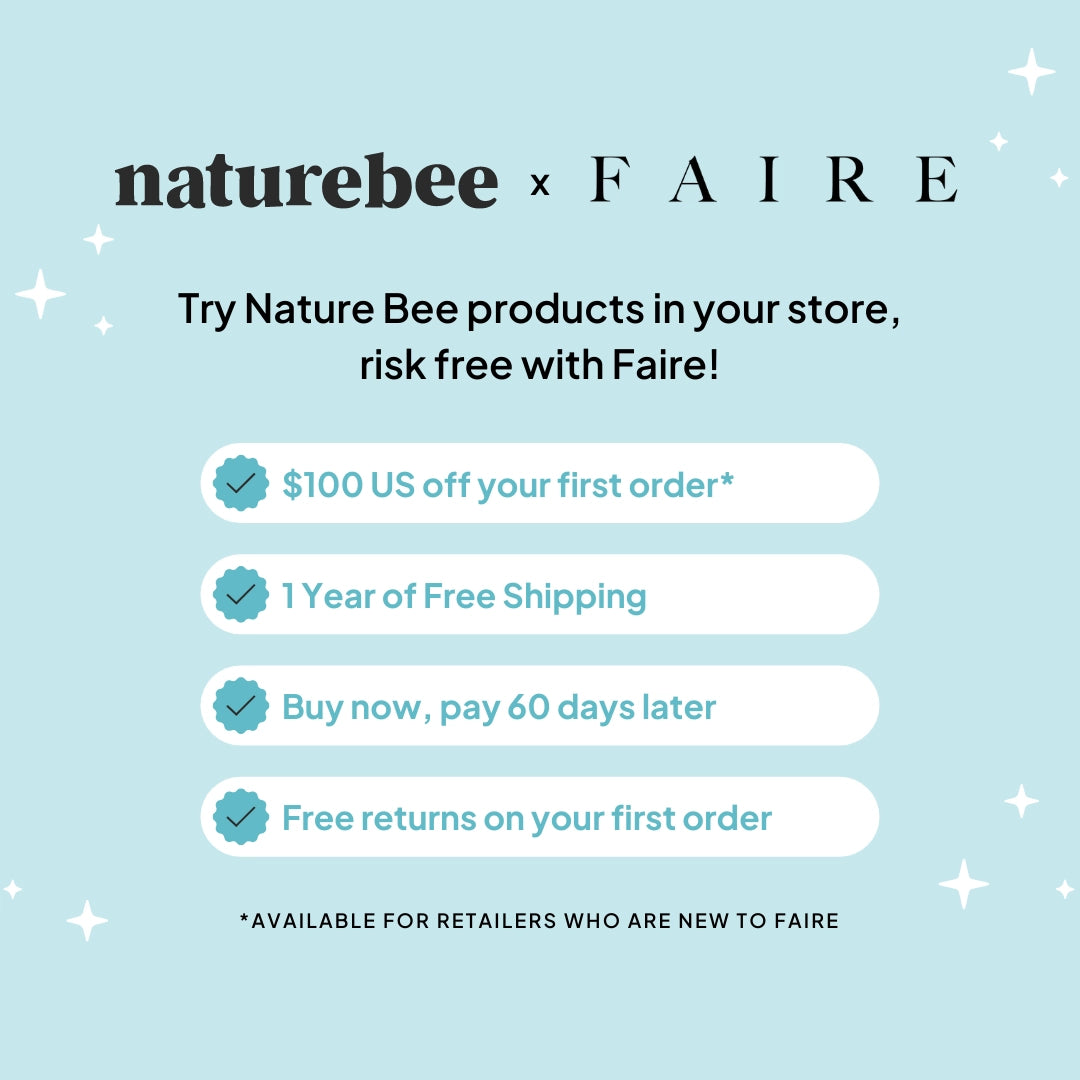 Light blue image with header: Nature Bee x Faire. Text below reads: "Try Nature Bee products in your store risk free with Faire!" Four lines with check boxes beside them. 1. $100 US off your first order*. 2. 1 Year of free shipping. 3. Buy now, pay 60 days later. 4. Free returns on your first order. *Available for retailers who are new to Faire*