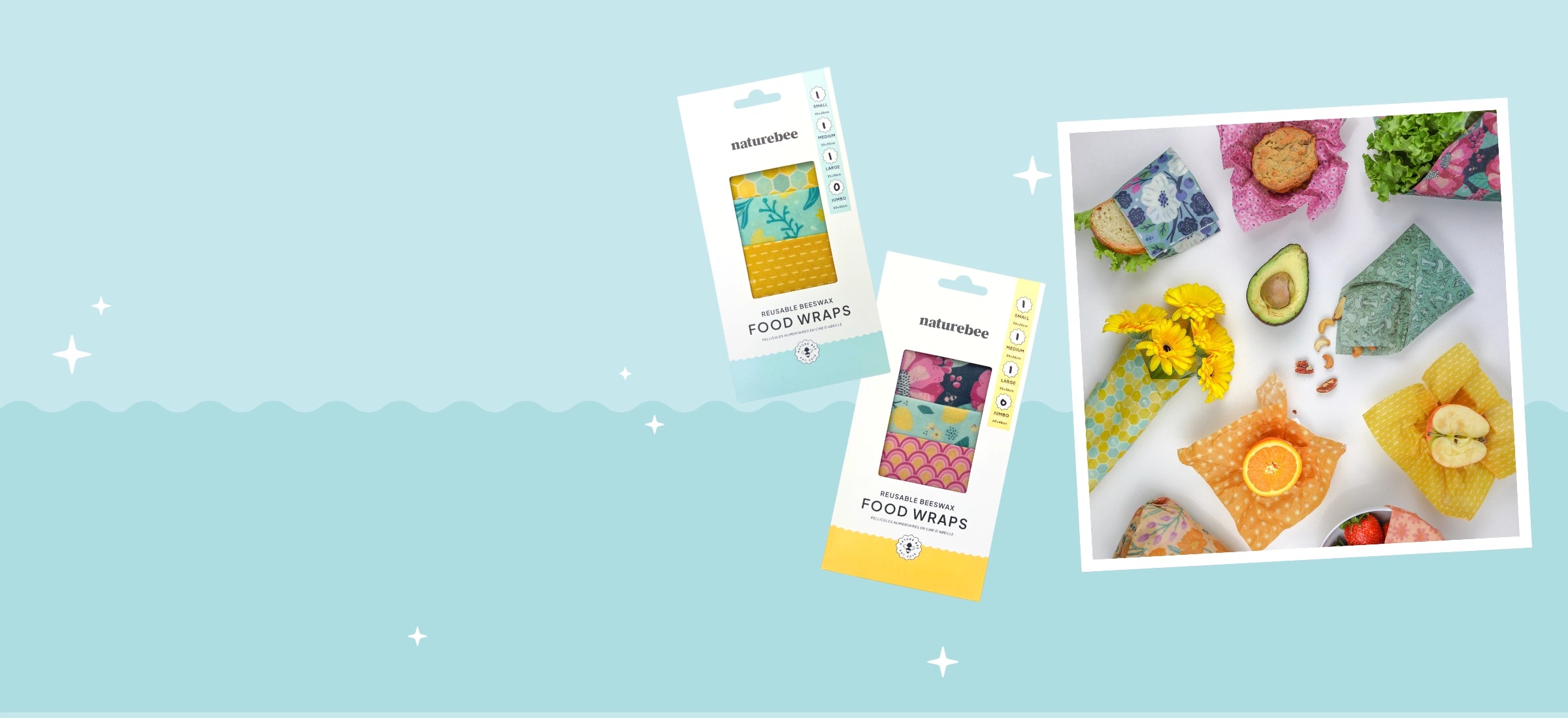 Blue background with images on the right side. Image of Nature Bee's beeswax wrap variety sets, reusable alternative to single use plastic wraps. Keeps your foods fresh for longer, great for storing and taking items on the go. Available in various patterns.