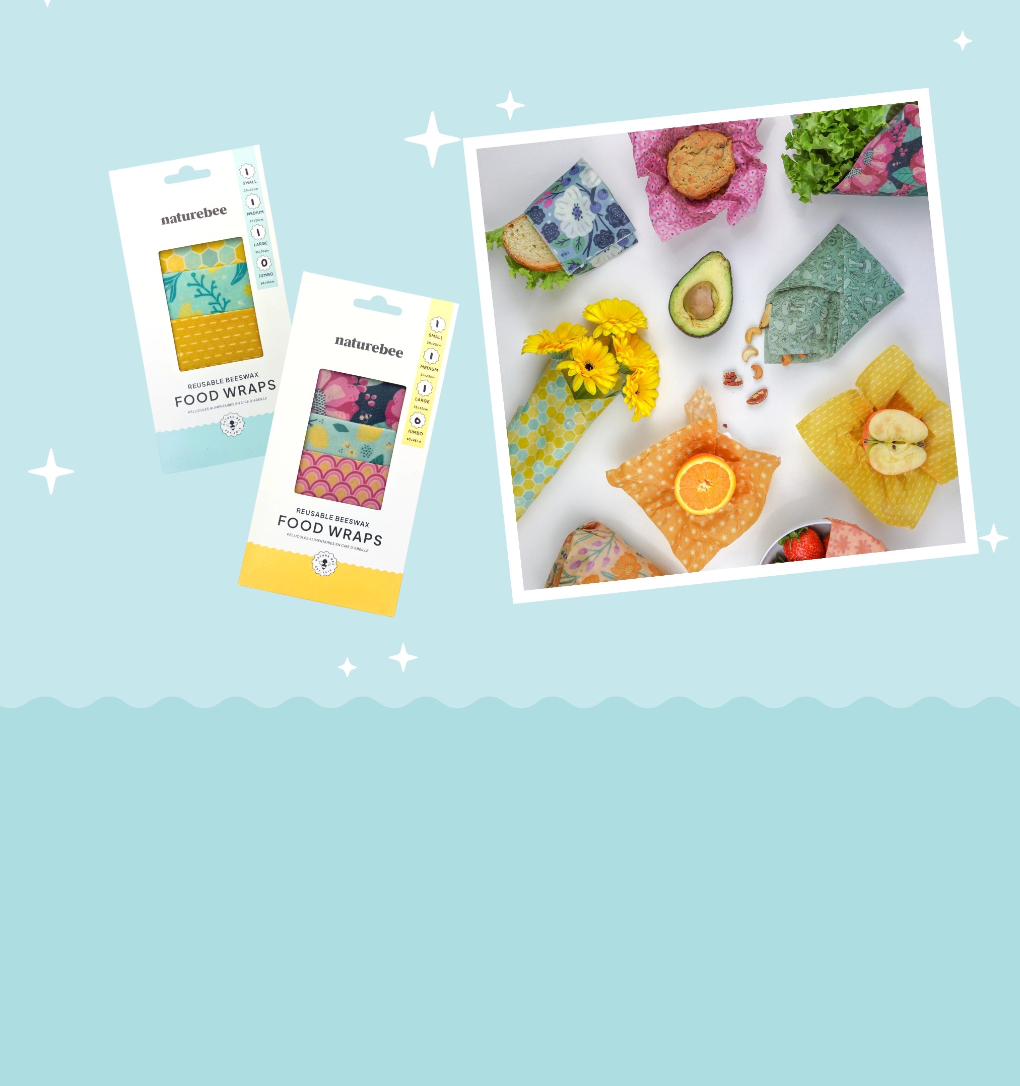 Blue background with images on the right side. Image of Nature Bee's beeswax wrap variety sets, reusable alternative to single use plastic wraps. Keeps your foods fresh for longer, great for storing and taking items on the go. Available in various patterns.