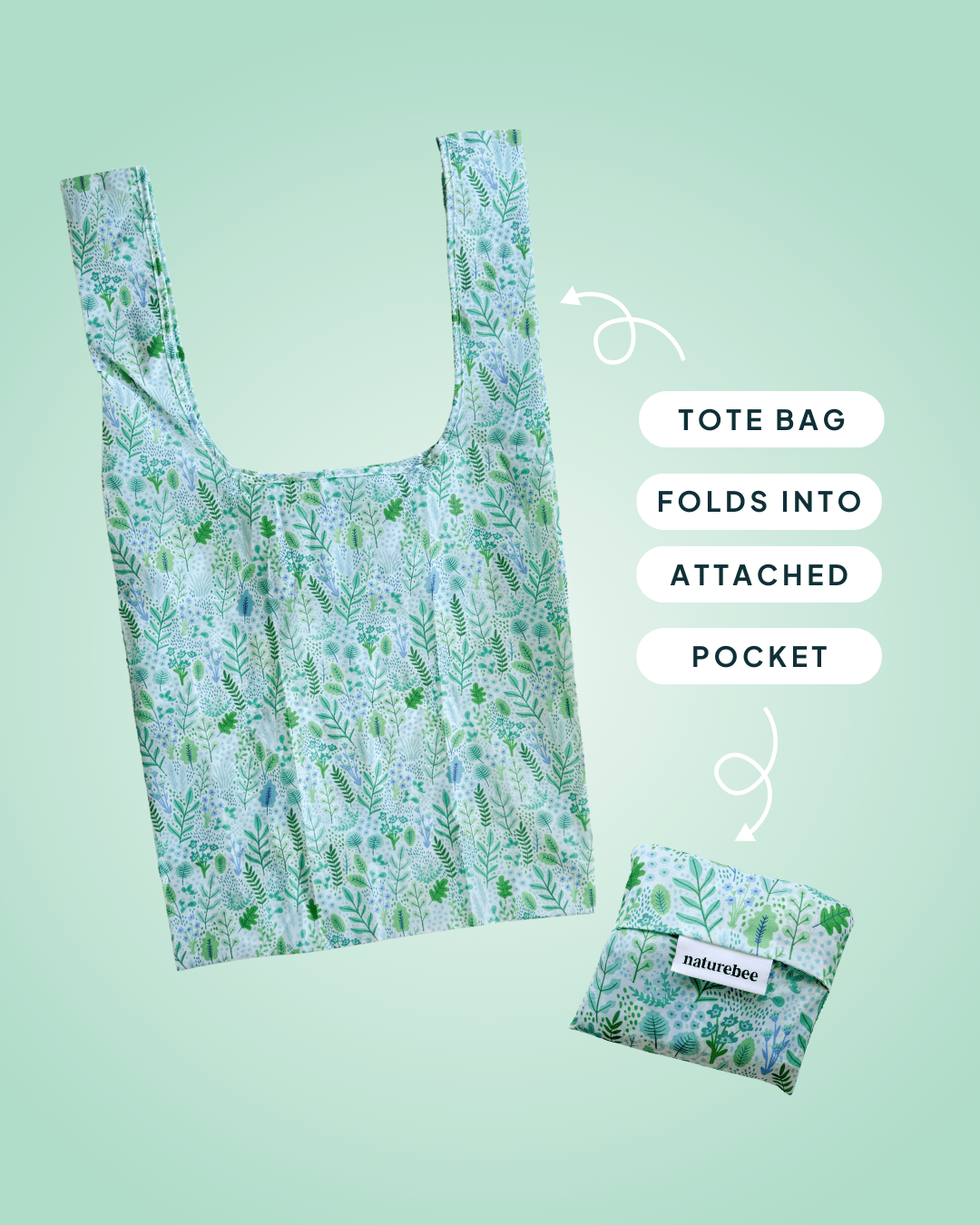 Green Floral Reusable Bag - NATURE BEE
