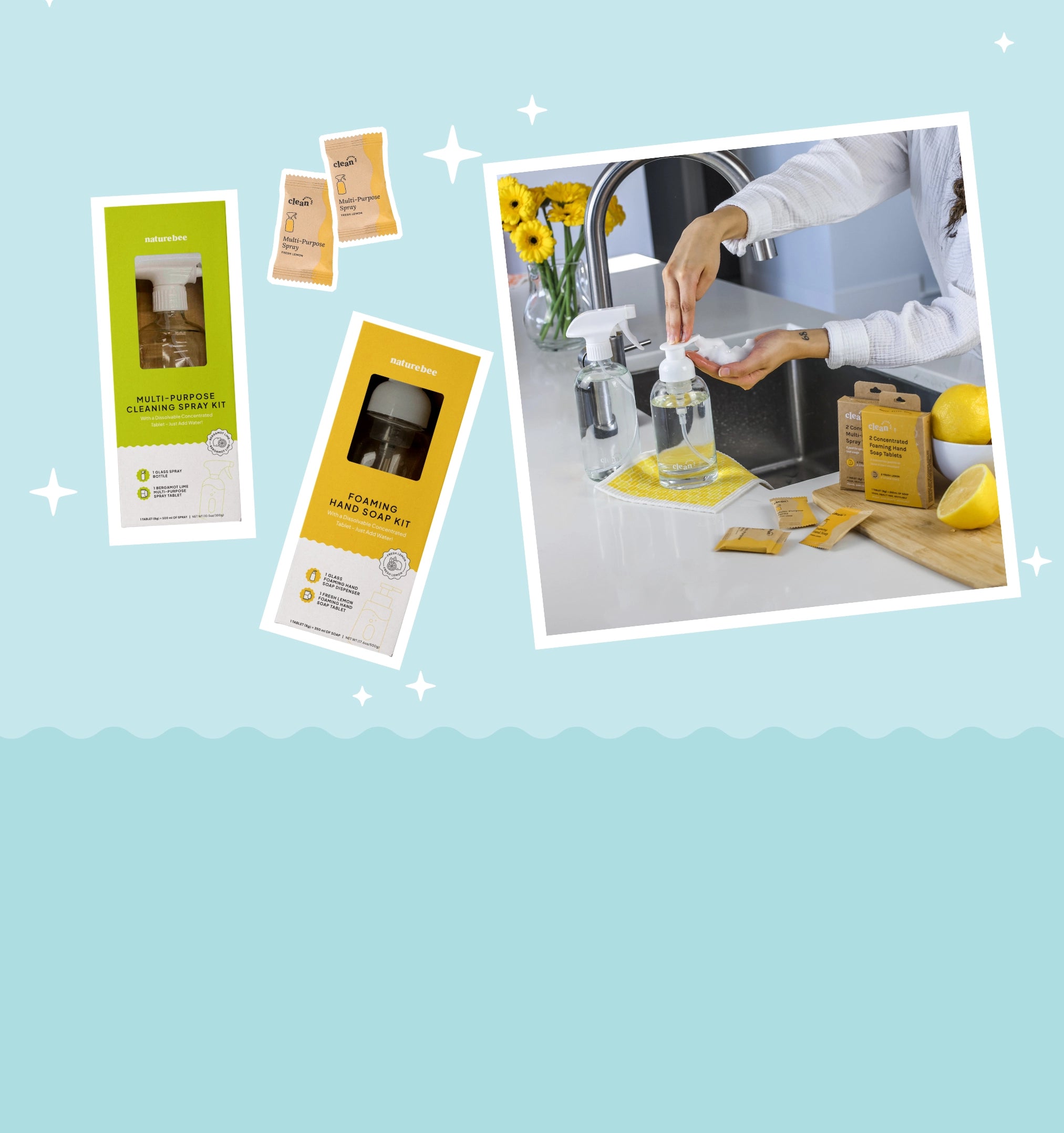 Blue background with images on the top. Image of Nature Bee's multipurpose spray and foaming hand soap kits with a dissolvable tablet and glass bottle. Wholesale and retail Nature bee's sustainable home goods like concentrated and dissolvable cleaning tablets for your foaming hand soap, multi-purpose spray, and bathroom cleaner., Available in various scents.