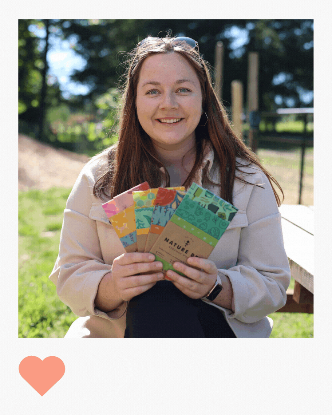 polaroid instagram image of a girl holding bright and colourful beeswax wrap sets from nature bee beeswax wraps