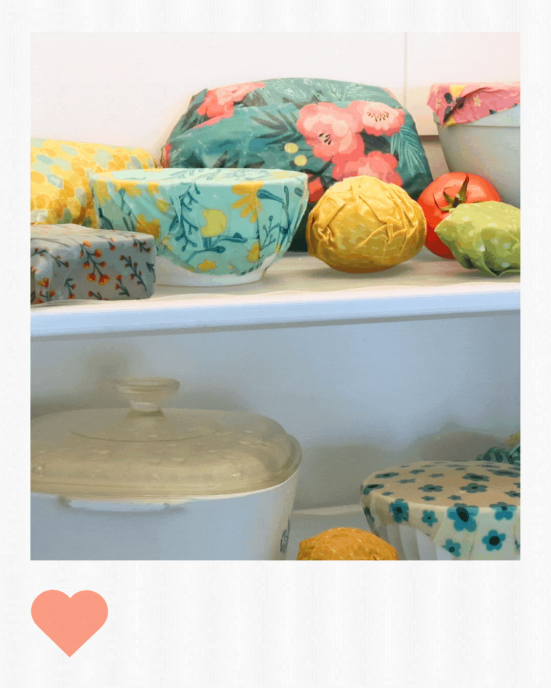 kitchen organization photo of all food in a fridge covered with colourful beeswax wraps