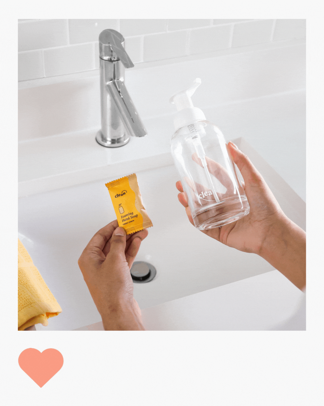 Instagram polaroid image of person holding a bottle and soap tablet preparing to make their dissolvable foaming hand soap tablet