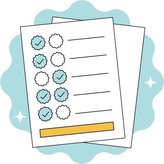Graphic illustration of two forms with blue check marks on them to Indicate how to make your own custom beeswax wraps with Nature Bee