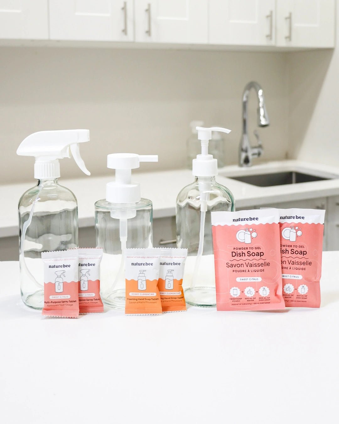 Refillable Glass Bottle Trio - Hand Soap, Spray &amp; Dish Soap - NATURE BEE