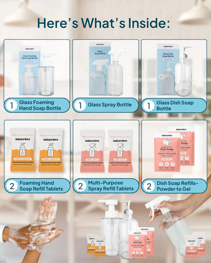 Refillable Glass Bottle Trio - Hand Soap, Spray &amp; Dish Soap - NATURE BEE