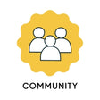 Yellow squiggle border circular icon. Inside is three people with text below reading community. Nature bee is a woman founded and led Canadian small business specializing in sustainable products such as beeswax wrap, Swedish dishcloths and dissolvable cleaning tablets.  They are committed to making a positive impact on their community by getting involved and giving back.