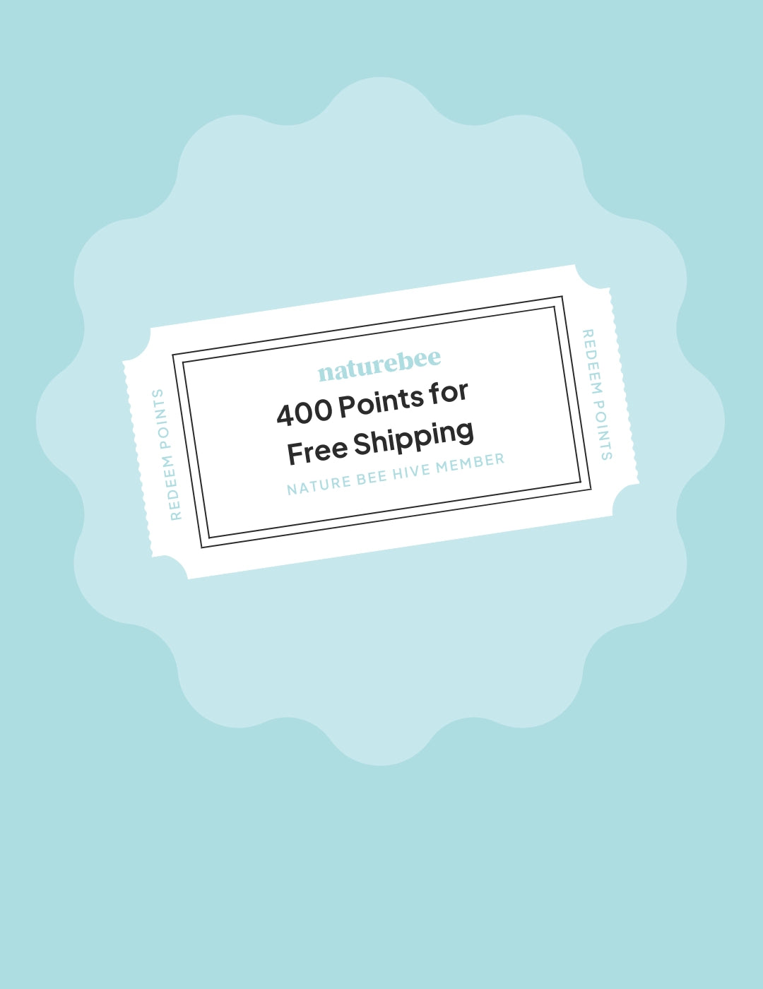Blue background with a lighter blue icon in the middle. In the image is a ticket for Nature Bee's rewards program to redeem points. Redeem 400 points for Free Shipping on your next order. 