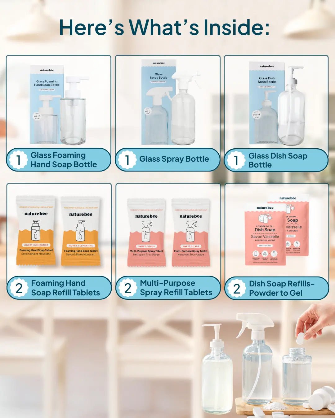 Refillable Glass Bottle Trio - Hand Soap, Spray &amp; Dish Soap - NATURE BEE