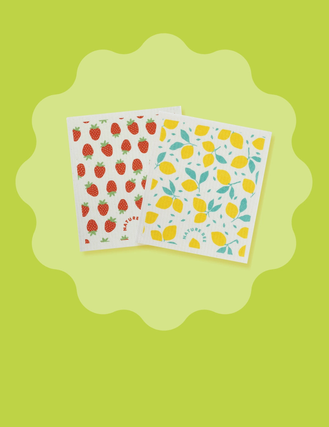 Green background with a lighter green circle with a squiggle border. Inside two Nature Bee Swedish dishcloths in a strawberry pattern and a lemon pattern. The reusable alternative to single use paper towel. Wholesale with nature bee and carry their eco friendly items for your retail stores.
