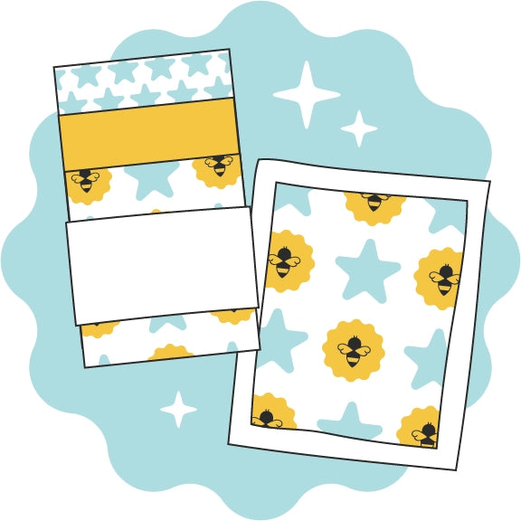digital illustration of a beeswax wrap set and a Swedish dishcloth with personalized designs on them to help communicate how custom food wraps and kitchen cloths are made