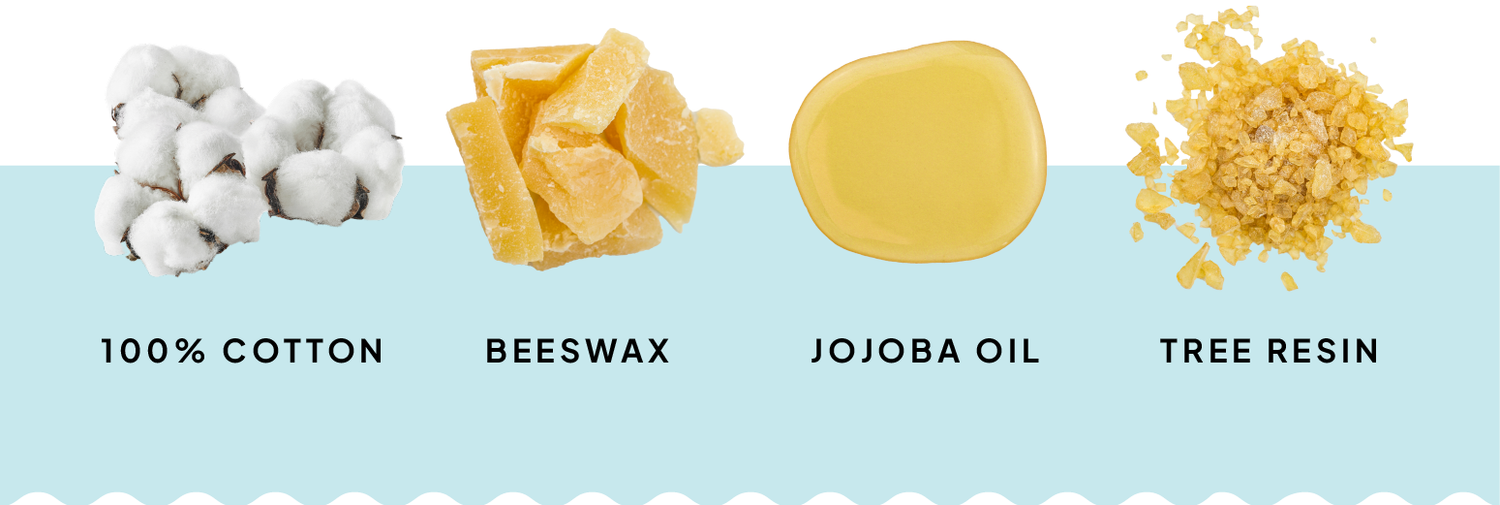 The four ingredients you need to easily make beeswax food wraps. 100% cotton fabric, local beeswax sourced from ethical bee keepers, jojoba oil, and tree resin. 