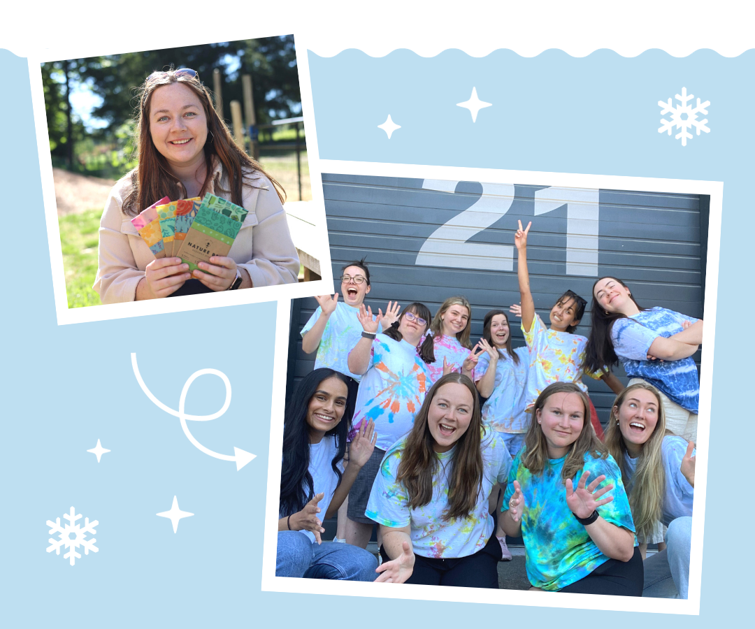 blue background with two polaroid images. one image has founder of nature bee holding a bunch of beeswax wraps. the second image shows the whole team laughing together outside the office 