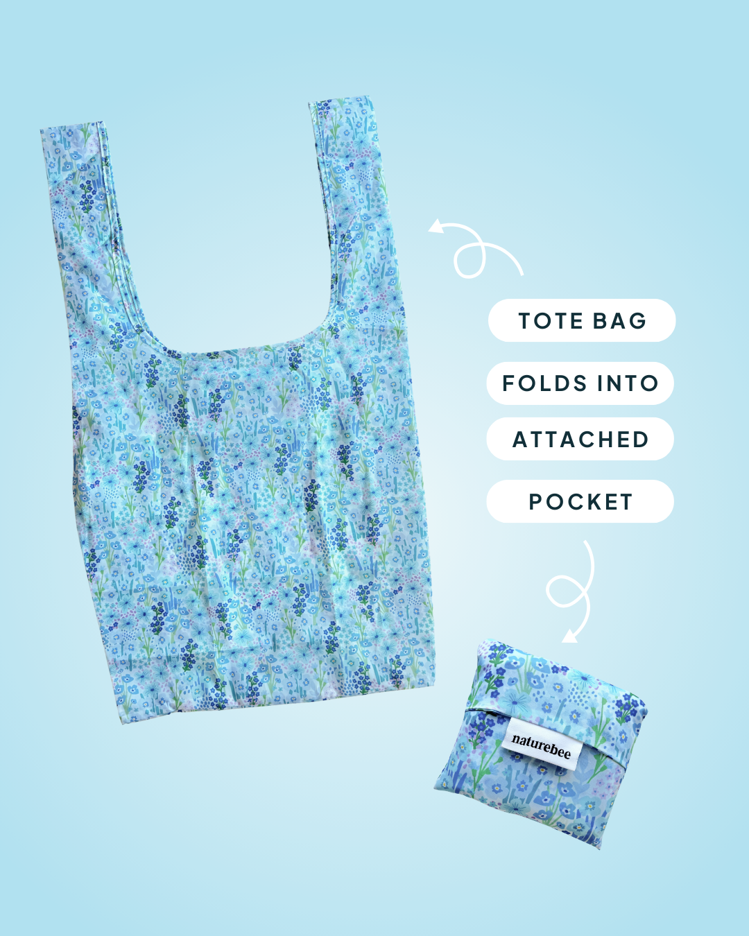 Blue Floral Reusable Pocket Bag | Nature Bee